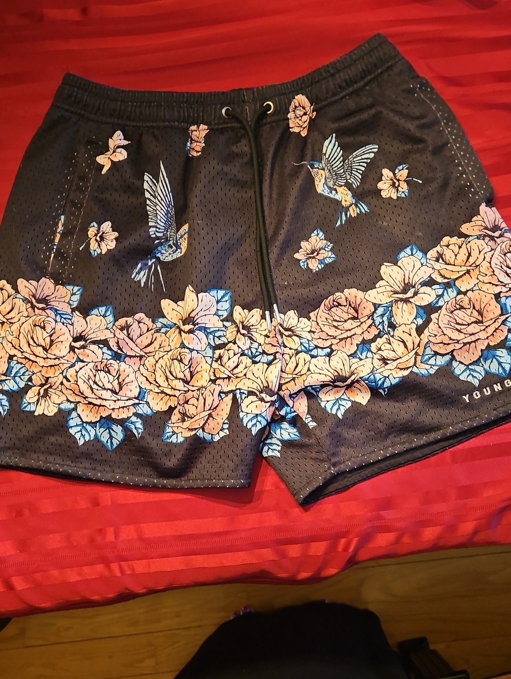YoungLA Black Athletic Shorts with Peach Floral & Blue Bird Print